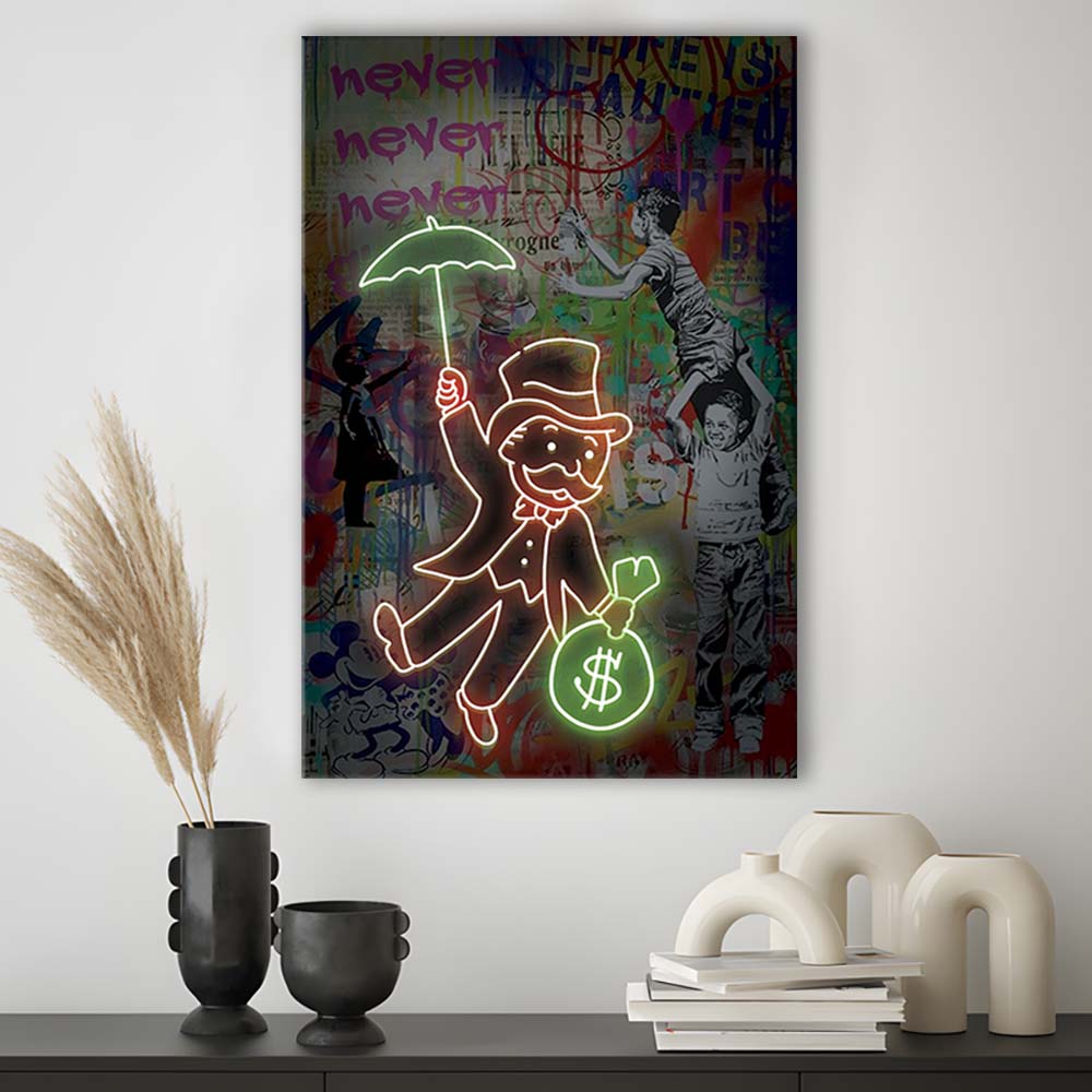 Mr. Moneybags, Neon Sign Effect, Canvas Print, Luxury Wall Art Decor, Modern Art