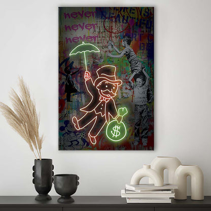Mr. Moneybags, Neon Sign Effect, Canvas Print, Luxury Wall Art Decor, Modern Art
