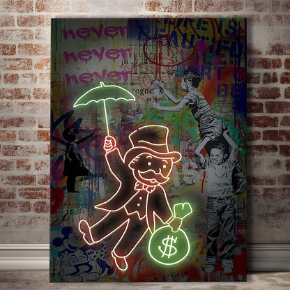 Mr. Moneybags, Neon Sign Effect, Canvas Print, Luxury Wall Art Decor, Modern Art