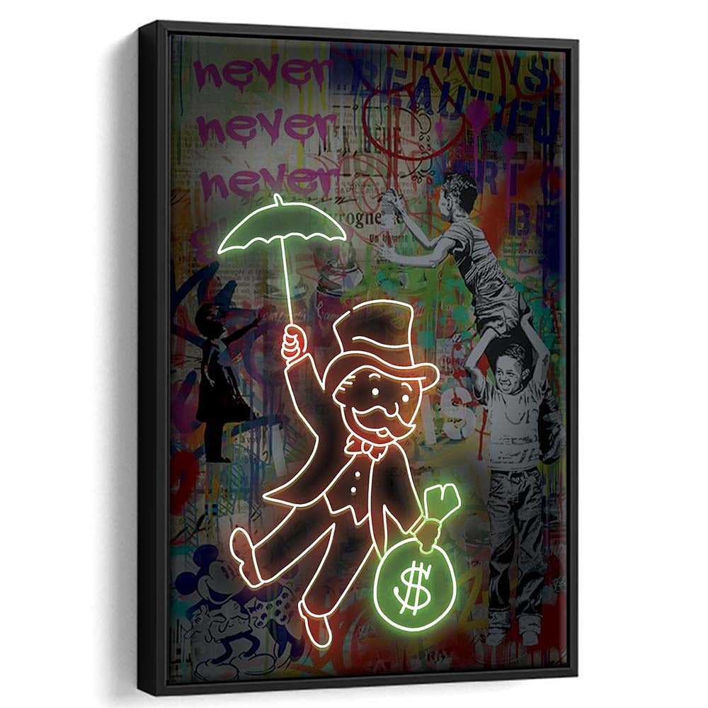 Mr. Moneybags, Neon Sign Effect, Framed Canvas Print, Floating Frame, Luxury Wall Art Decor