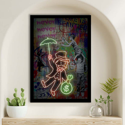 Mr. Moneybags, Neon Sign Effect, Framed Art Print, Picture Framed Wall Art Decor