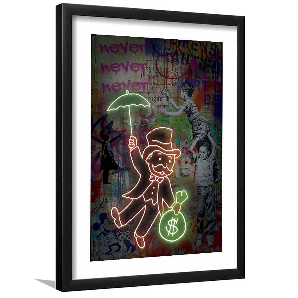Mr. Moneybags, Neon Sign Effect, Framed Art Print, Luxury Pictures Framed, White Border