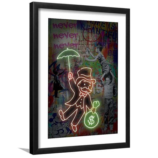 Mr. Moneybags, Neon Sign Effect, Framed Art Print, Luxury Pictures Framed, White Border