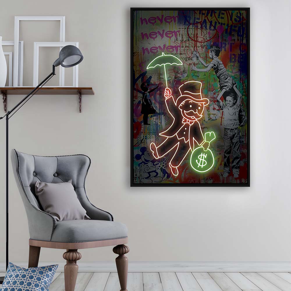 Mr. Moneybags, Neon Sign Effect, Framed Canvas Print, Floating Frame, Luxury Wall Art Decor