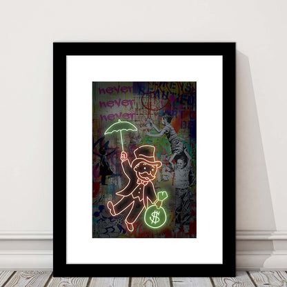 Mr. Moneybags, Neon Sign Effect, Framed Art Print, Luxury Pictures Framed, White Border