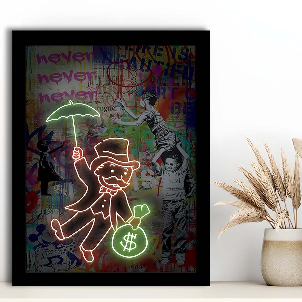 Mr. Moneybags, Neon Sign Effect, Framed Art Print, Picture Framed Wall Art Decor