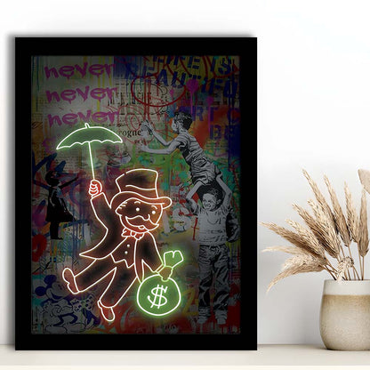 Mr. Moneybags, Neon Sign Effect, Framed Art Print, Picture Framed Wall Art Decor