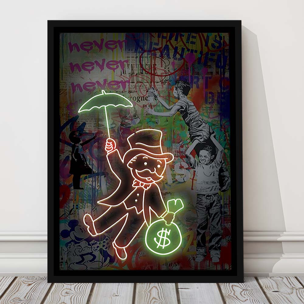 Mr. Moneybags, Neon Sign Effect, Framed Canvas Print, Floating Frame, Luxury Wall Art Decor