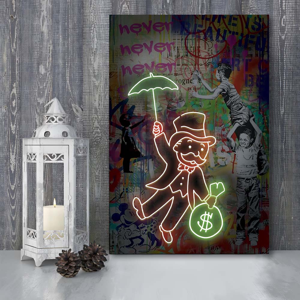 Mr. Moneybags, Neon Sign Effect, Canvas Print, Luxury Wall Art Decor, Modern Art