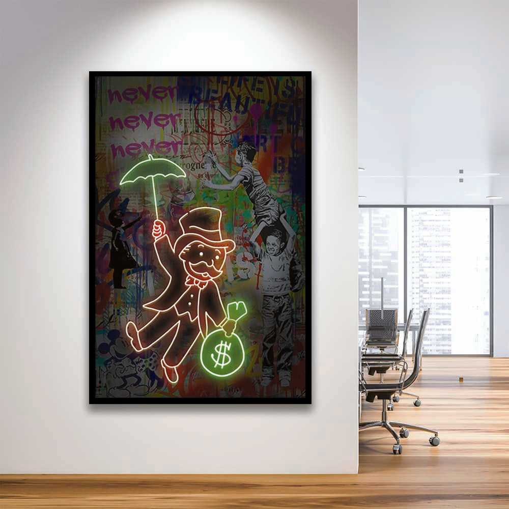 Mr. Moneybags, Neon Sign Effect, Framed Art Print, Picture Framed Wall Art Decor