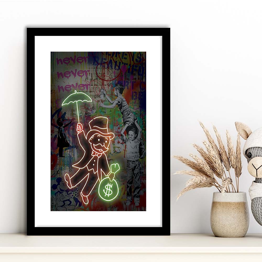 Mr. Moneybags, Neon Sign Effect, Framed Art Print, Luxury Pictures Framed, White Border