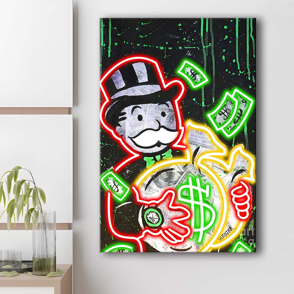Mr. Monopoly, Neon Sign Effect, Canvas Print, Luxury Wall Art Decor, Modern Art