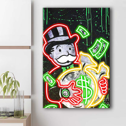 Mr. Monopoly, Neon Sign Effect, Canvas Print, Luxury Wall Art Decor, Modern Art