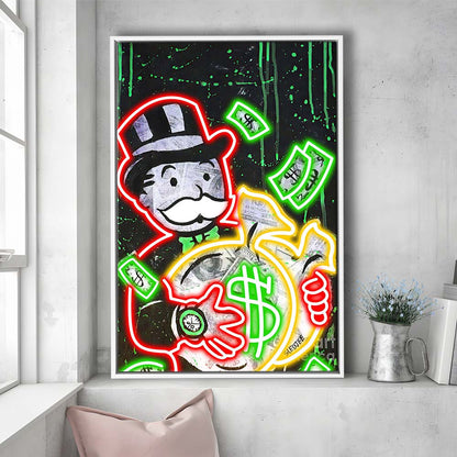 Mr. Monopoly, Neon Sign Effect, Framed Canvas Print, Floating Frame, Luxury Wall Art Decor