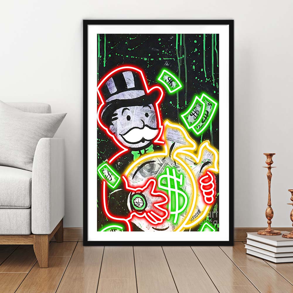 Mr. Monopoly, Neon Sign Effect, Framed Art Print, Luxury Pictures Framed, White Border