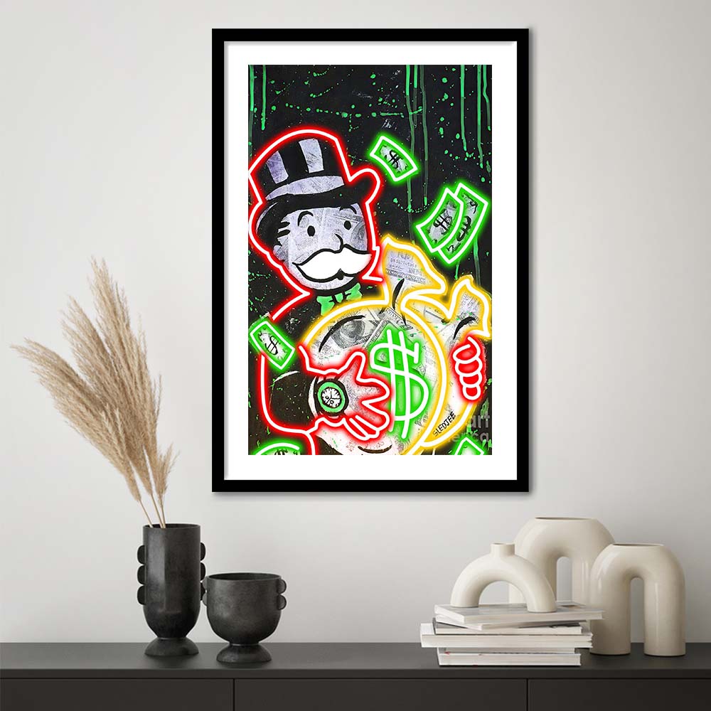 Mr. Monopoly, Neon Sign Effect, Framed Art Print, Luxury Pictures Framed, White Border