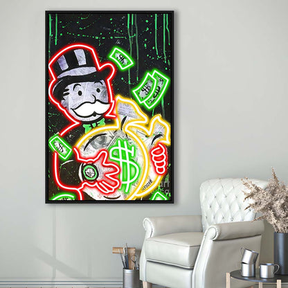 Mr. Monopoly, Neon Sign Effect, Framed Canvas Print, Floating Frame, Luxury Wall Art Decor