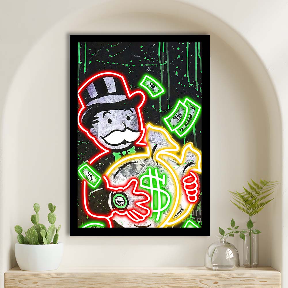Mr. Monopoly, Neon Sign Effect, Framed Art Print, Picture Framed Wall Art Decor