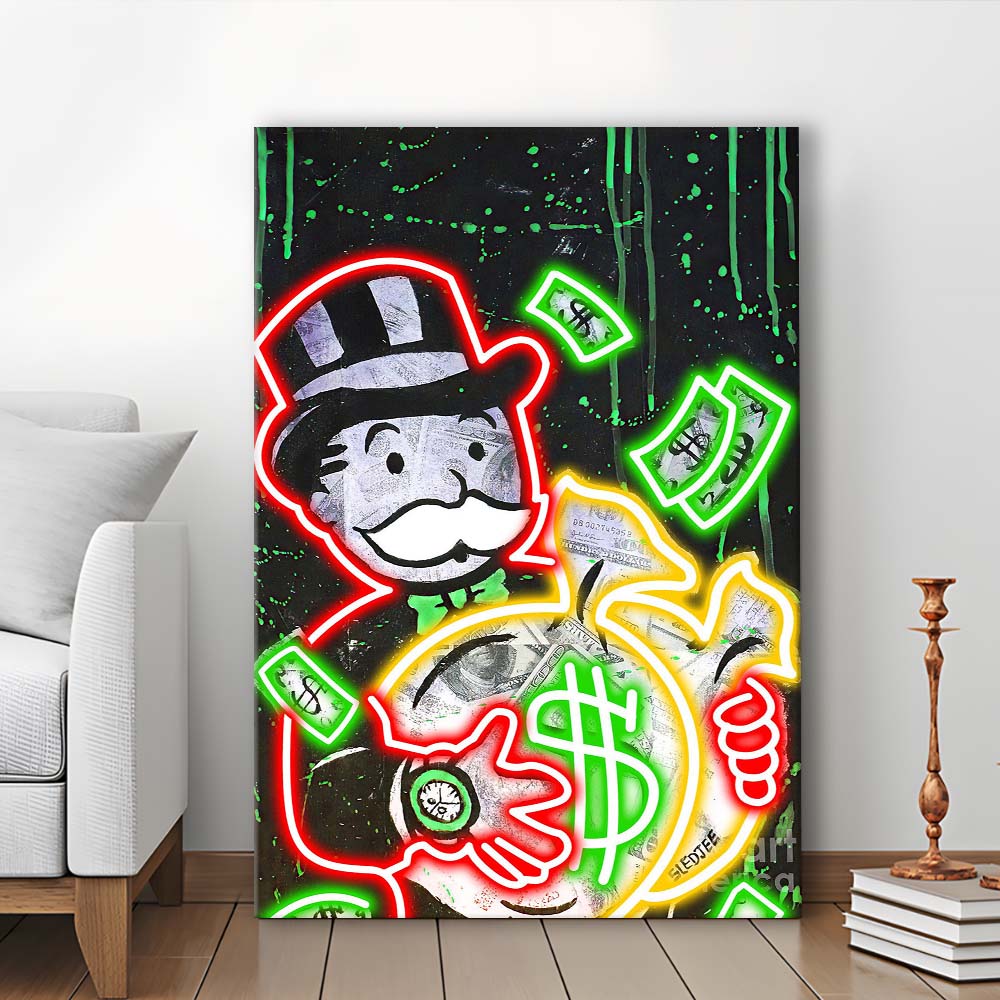 Mr. Monopoly, Neon Sign Effect, Canvas Print, Luxury Wall Art Decor, Modern Art