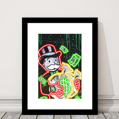 Mr. Monopoly, Neon Sign Effect, Framed Art Print, Luxury Pictures Framed, White Border