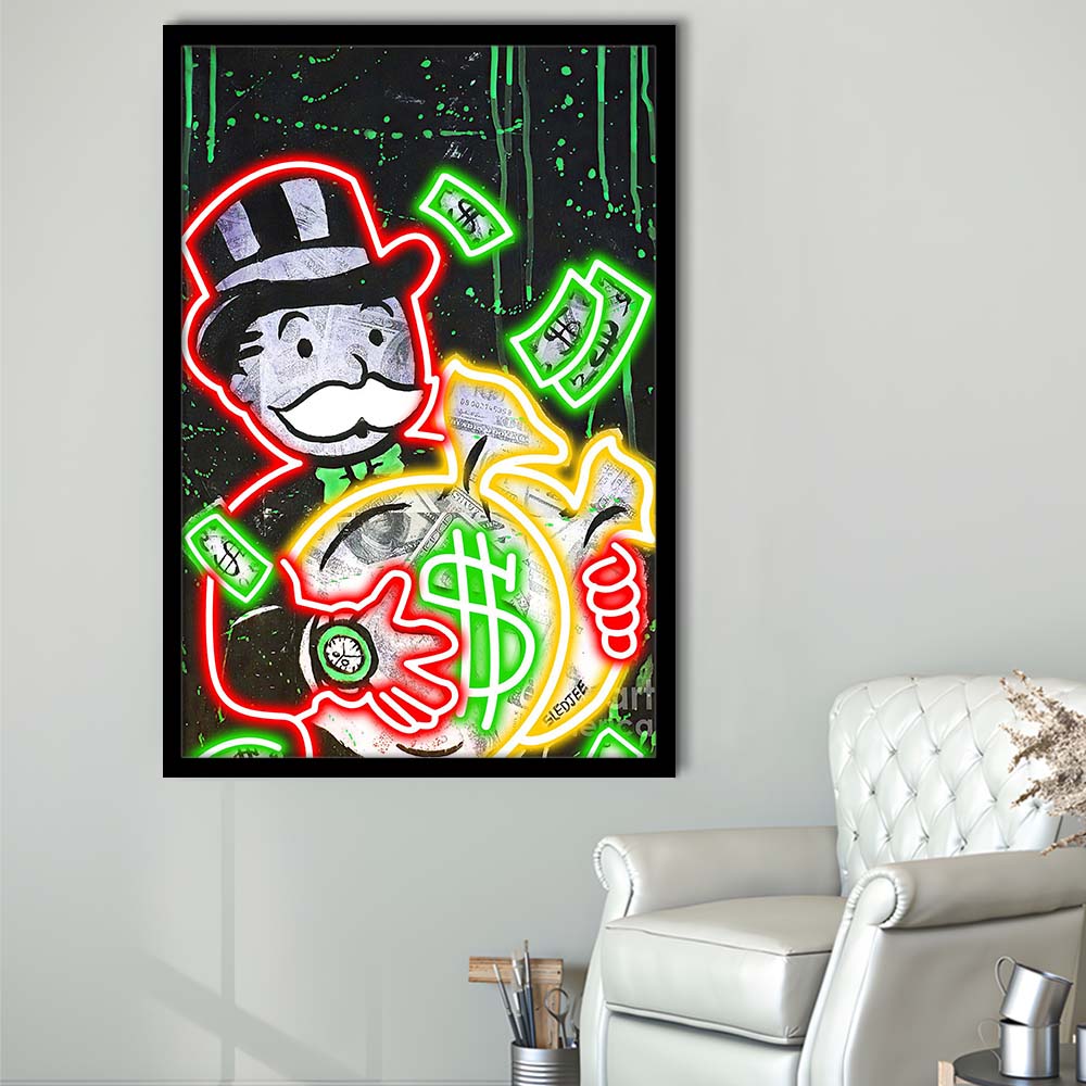 Mr. Monopoly, Neon Sign Effect, Framed Art Print, Picture Framed Wall Art Decor