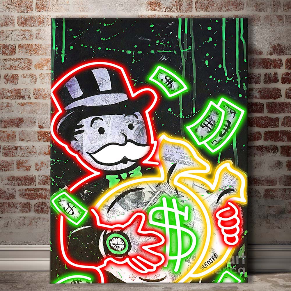 Mr. Monopoly, Neon Sign Effect, Canvas Print, Luxury Wall Art Decor, Modern Art