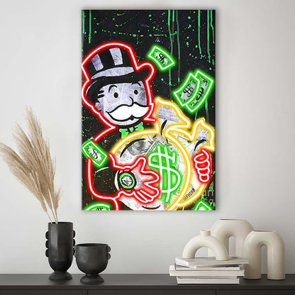 Mr. Monopoly, Neon Sign Effect, Canvas Print, Luxury Wall Art Decor, Modern Art