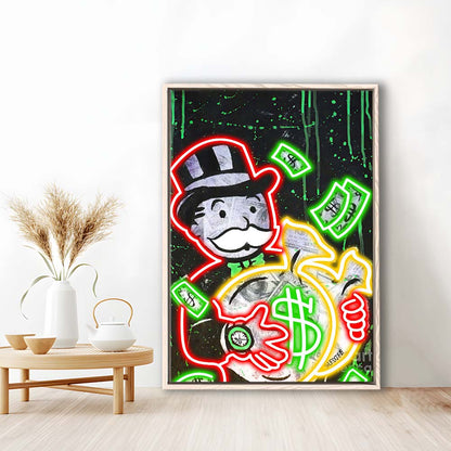 Mr. Monopoly, Neon Sign Effect, Framed Canvas Print, Floating Frame, Luxury Wall Art Decor