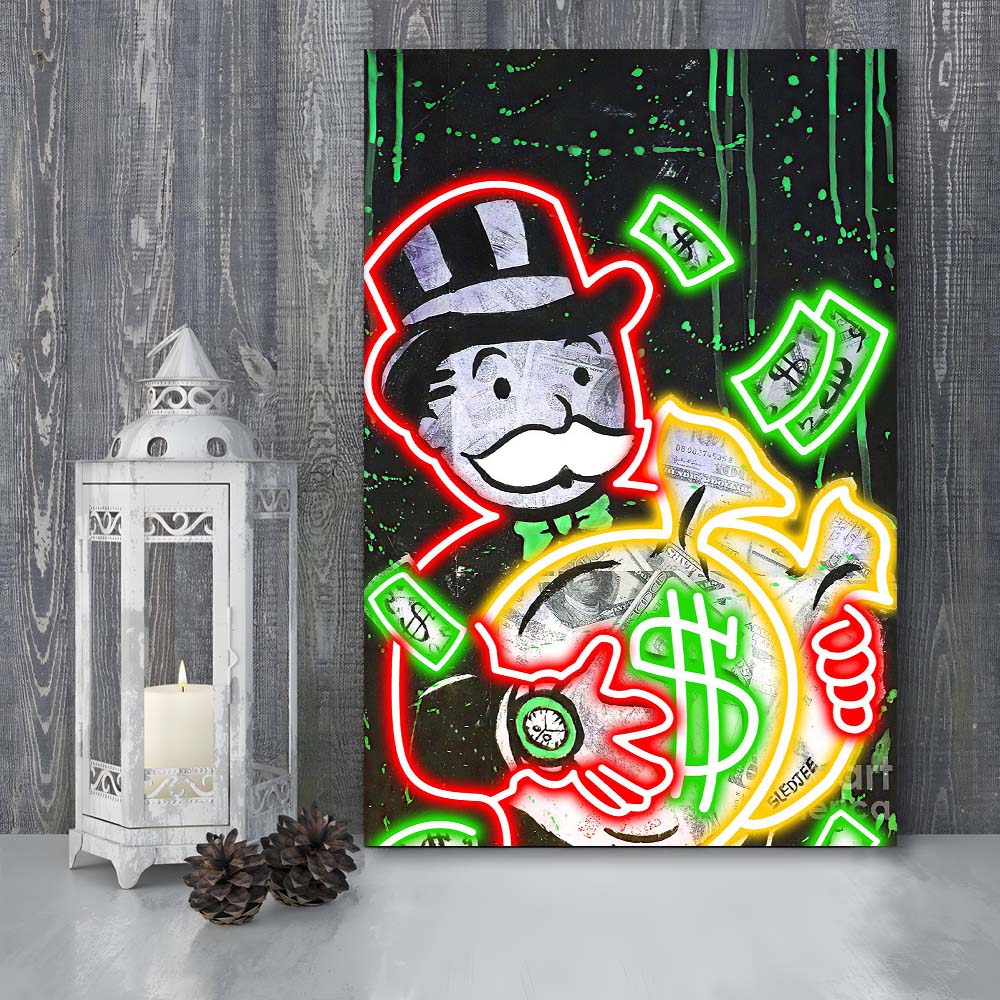 Mr. Monopoly, Neon Sign Effect, Canvas Print, Luxury Wall Art Decor, Modern Art