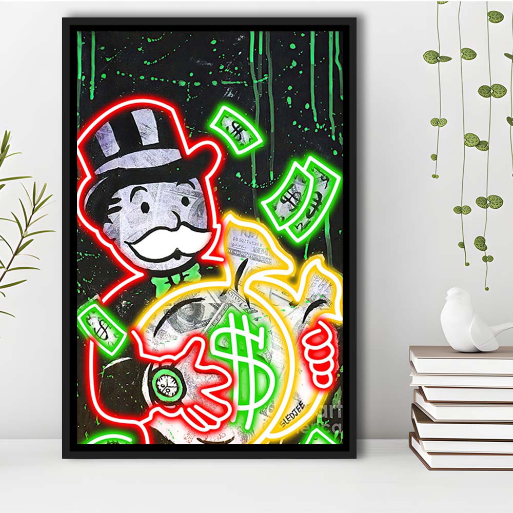 Mr. Monopoly, Neon Sign Effect, Framed Canvas Print, Floating Frame, Luxury Wall Art Decor