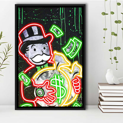 Mr. Monopoly, Neon Sign Effect, Framed Canvas Print, Floating Frame, Luxury Wall Art Decor