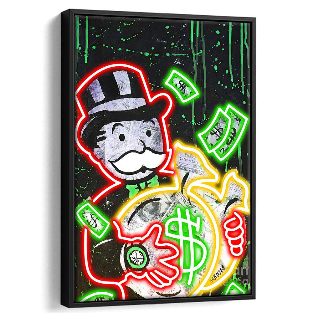 Mr. Monopoly, Neon Sign Effect, Framed Canvas Print, Floating Frame, Luxury Wall Art Decor