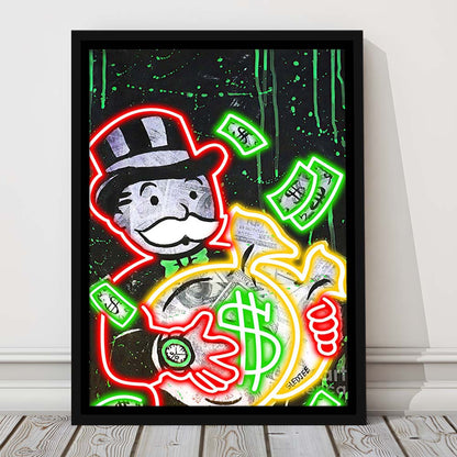 Mr. Monopoly, Neon Sign Effect, Framed Canvas Print, Floating Frame, Luxury Wall Art Decor