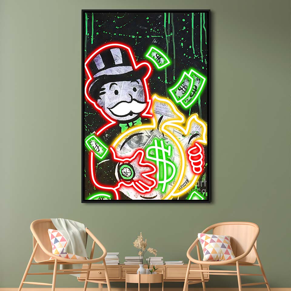 Mr. Monopoly, Neon Sign Effect, Framed Canvas Print, Floating Frame, Luxury Wall Art Decor