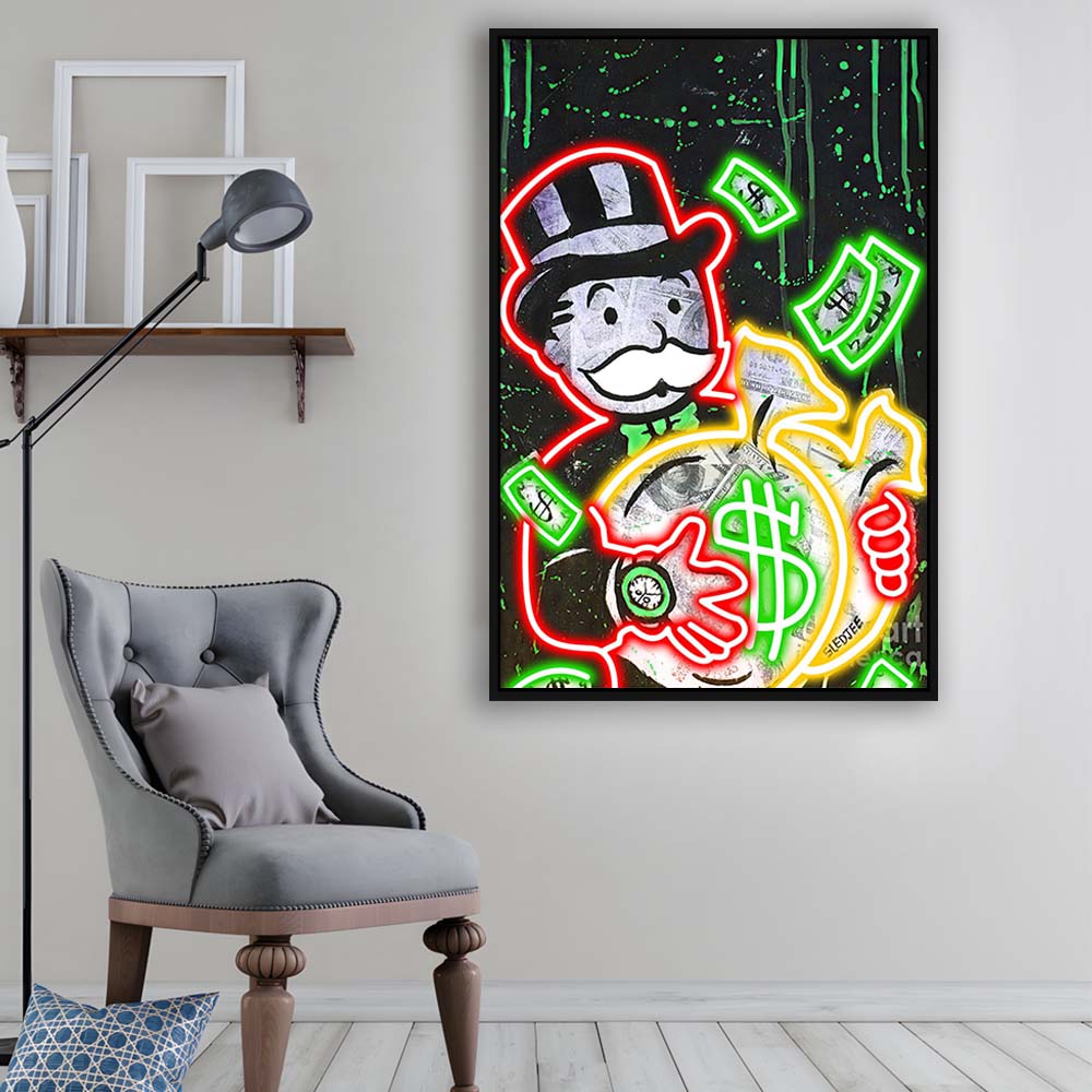 Mr. Monopoly, Neon Sign Effect, Framed Canvas Print, Floating Frame, Luxury Wall Art Decor
