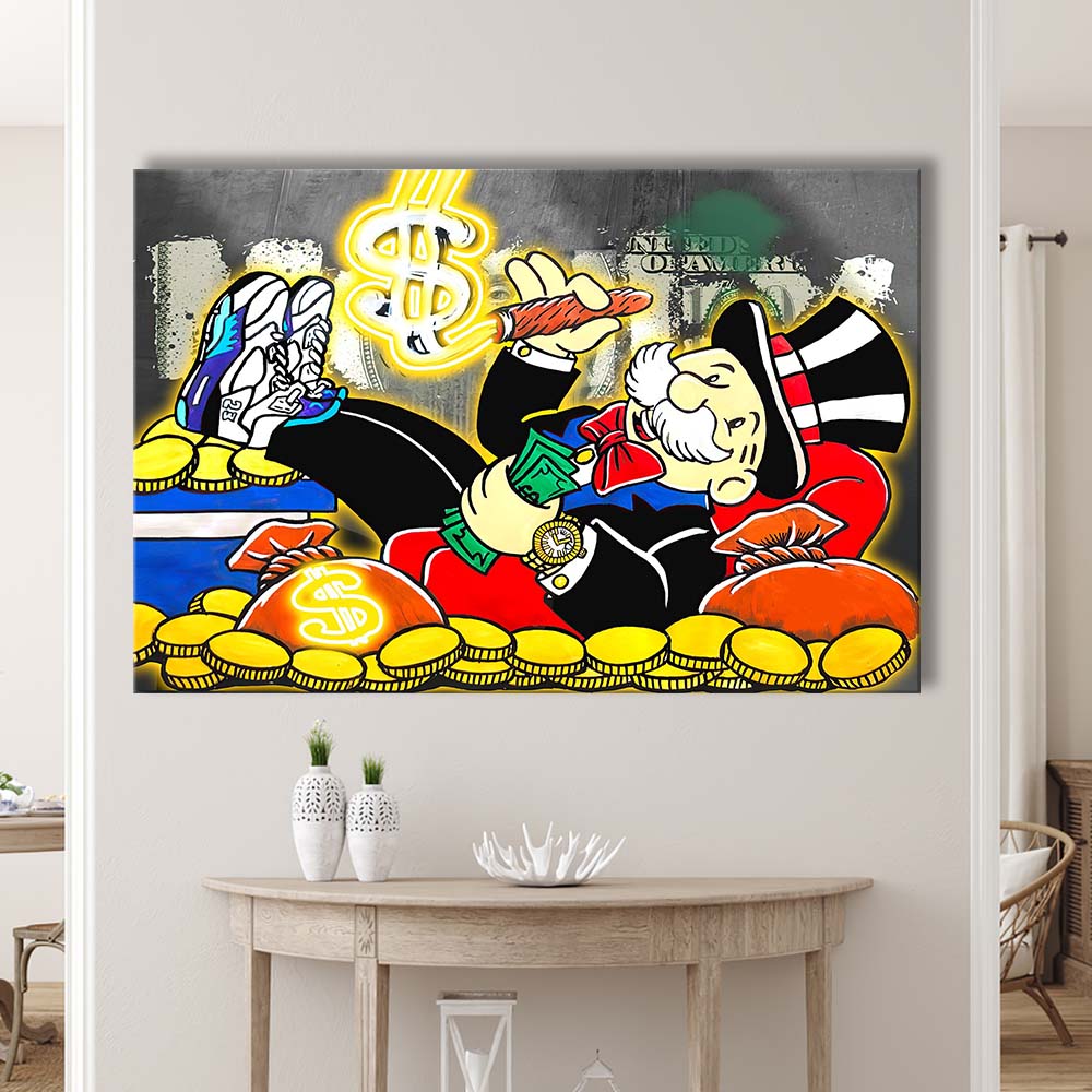 Mr. Monopoly Luxury Life Art Print, Canvas Print Wall Art, Wall Decor, Neon Effect Art