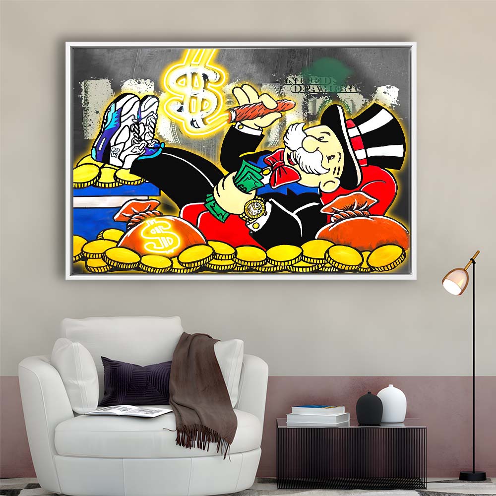 Mr. Monopoly Luxury Life Art Print, Framed Canvas Print Wall Art Decor, Floating Frame, Neon Effect Art
