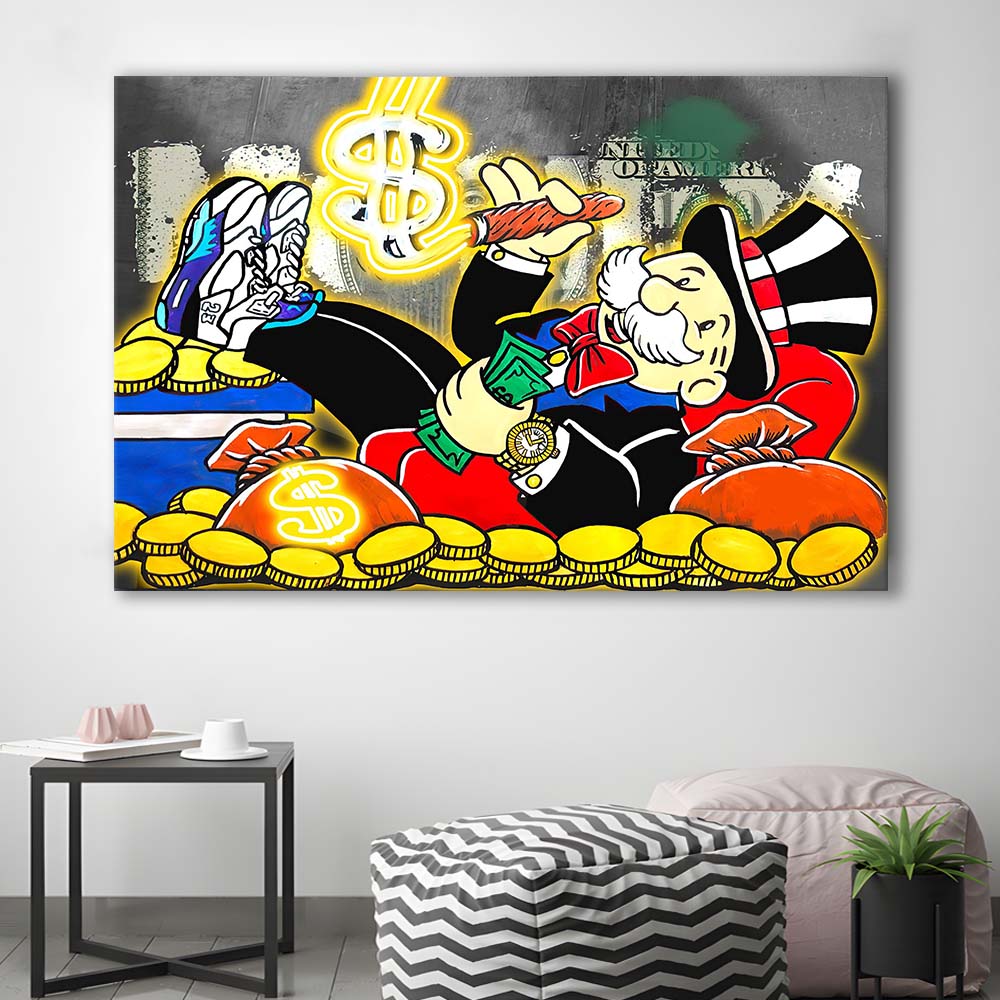 Mr. Monopoly Luxury Life Art Print, Canvas Print Wall Art, Wall Decor, Neon Effect Art