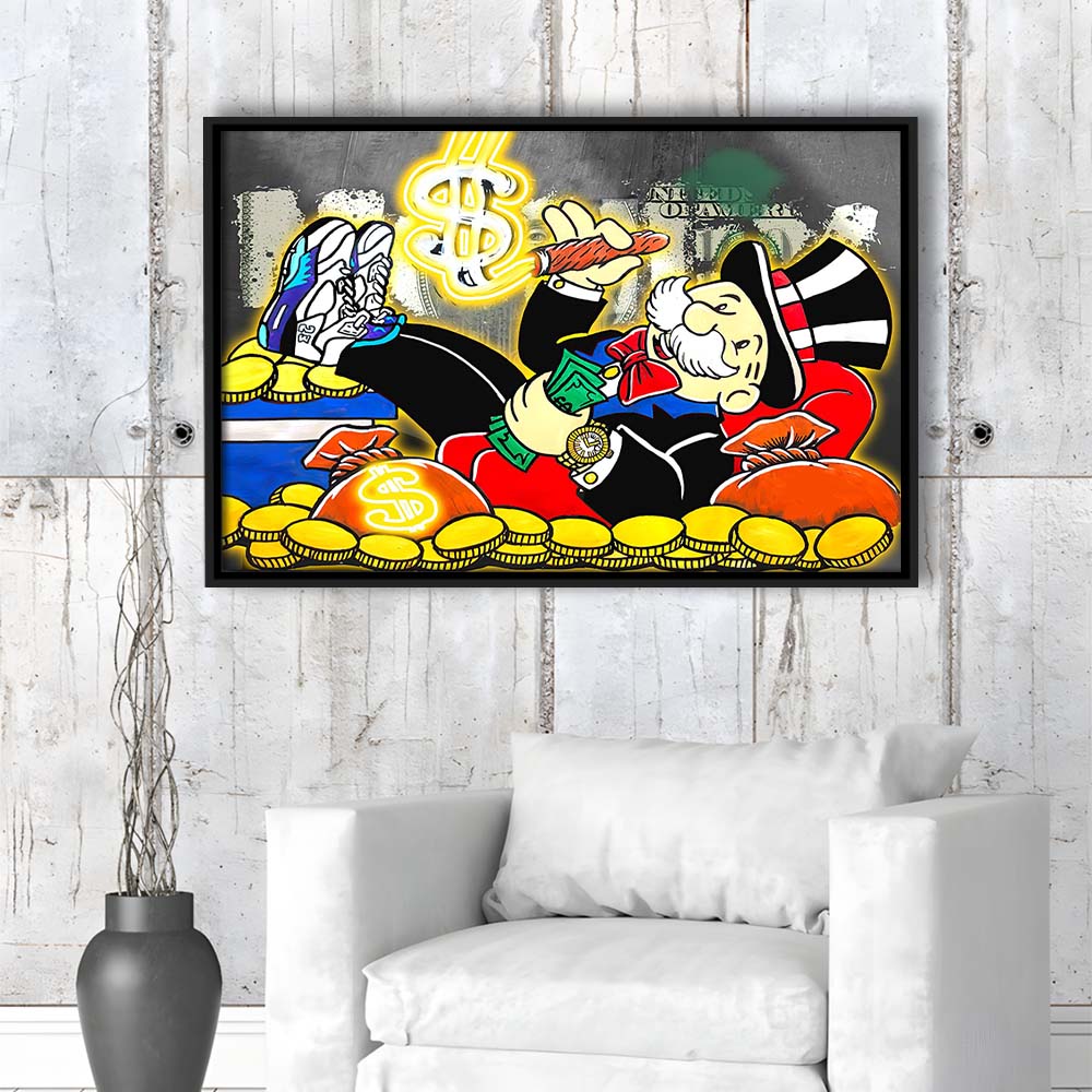 Mr. Monopoly Luxury Life Art Print, Framed Canvas Print Wall Art Decor, Floating Frame, Neon Effect Art