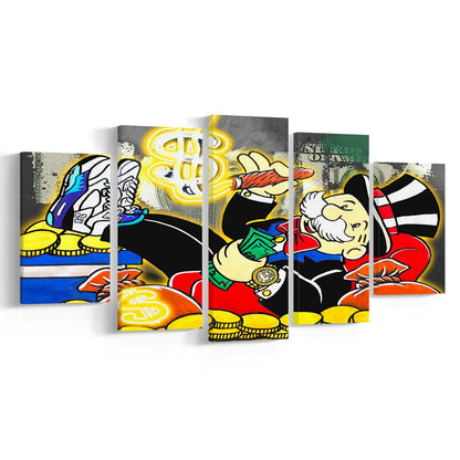 Mr. Monopoly Luxury Life Art Print, 5 Panel Mixed Canvas Print Wall Art, Home Decor, Neon Canvas