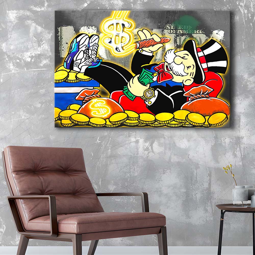 Mr. Monopoly Luxury Life Art Print, Canvas Print Wall Art, Wall Decor, Neon Effect Art