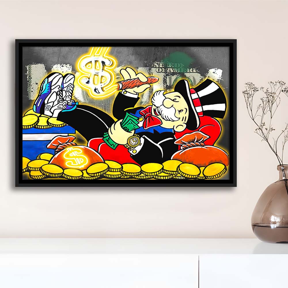 Mr. Monopoly Luxury Life Art Print, Framed Canvas Print Wall Art Decor, Floating Frame, Neon Effect Art