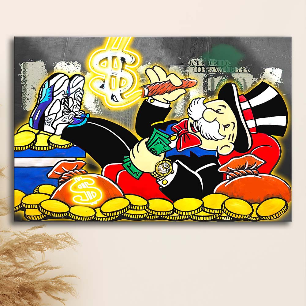 Mr. Monopoly Luxury Life Art Print, Canvas Print Wall Art, Wall Decor, Neon Effect Art