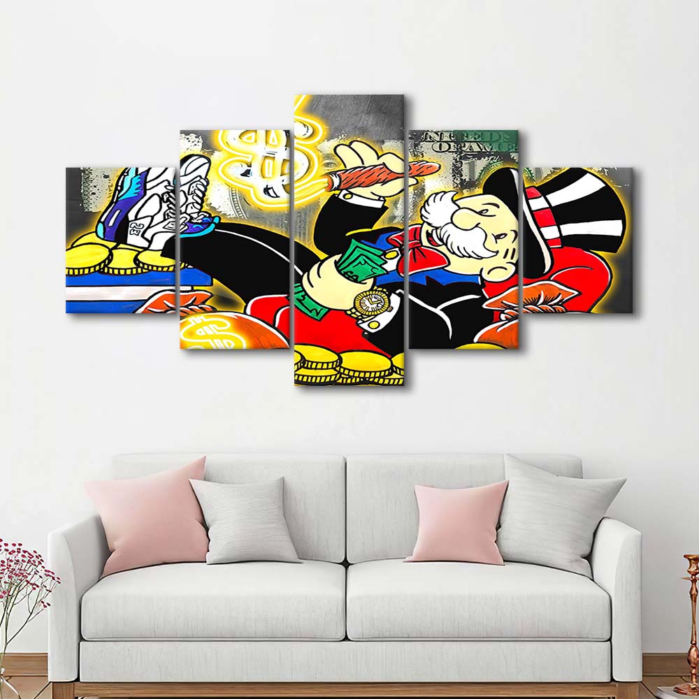 Mr. Monopoly Luxury Life Art Print, 5 Panel Mixed Canvas Print Wall Art, Home Decor, Neon Canvas