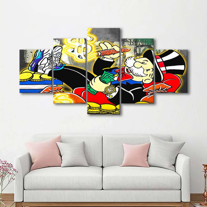 Mr. Monopoly Luxury Life Art Print, 5 Panel Mixed Canvas Print Wall Art, Home Decor, Neon Canvas