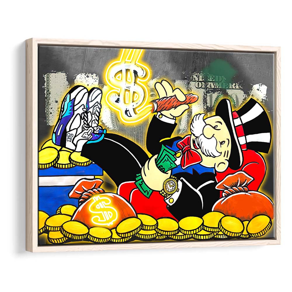 Mr. Monopoly Luxury Life Art Print, Framed Canvas Print Wall Art Decor, Floating Frame, Neon Effect Art