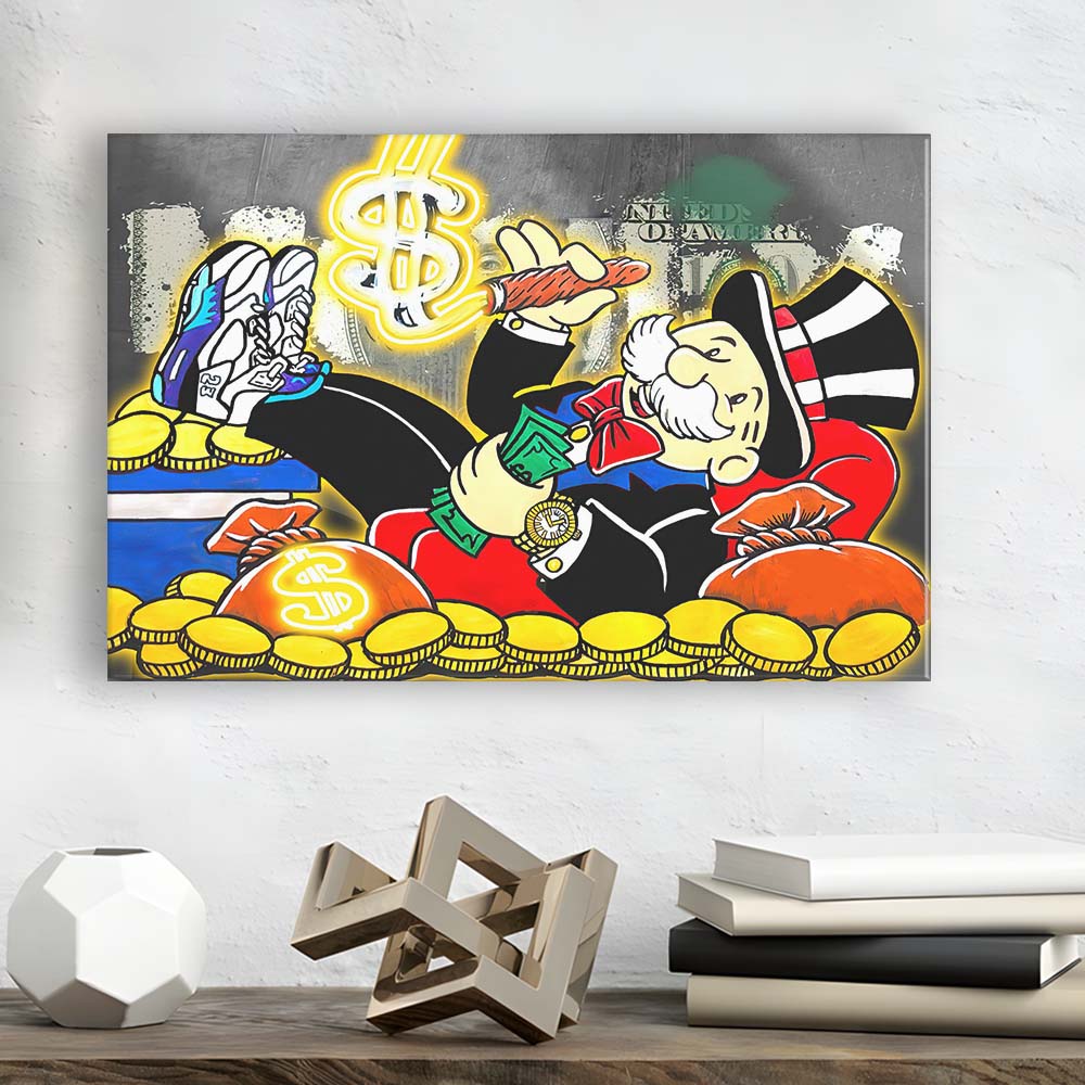 Mr. Monopoly Luxury Life Art Print, Canvas Print Wall Art, Wall Decor, Neon Effect Art