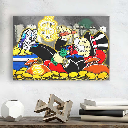 Mr. Monopoly Luxury Life Art Print, Canvas Print Wall Art, Wall Decor, Neon Effect Art