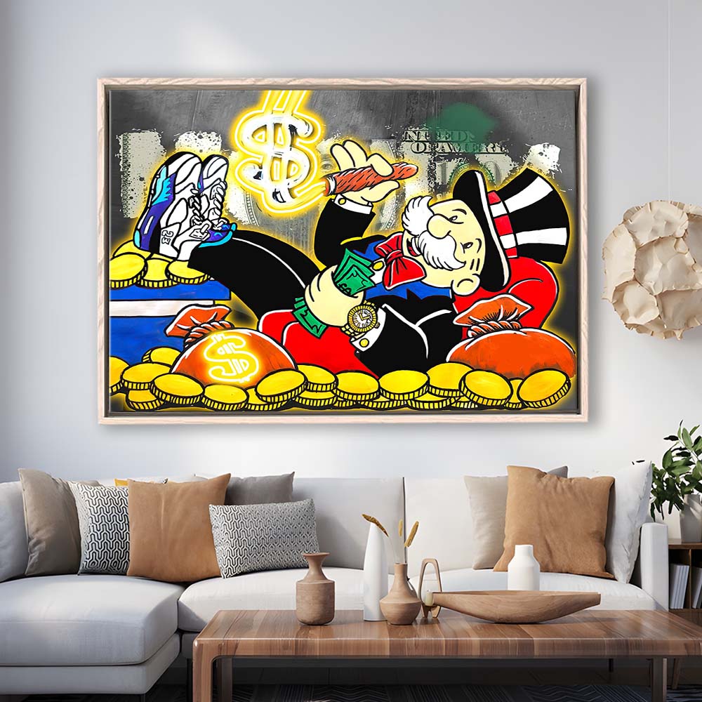 Mr. Monopoly Luxury Life Art Print, Framed Canvas Print Wall Art Decor, Floating Frame, Neon Effect Art