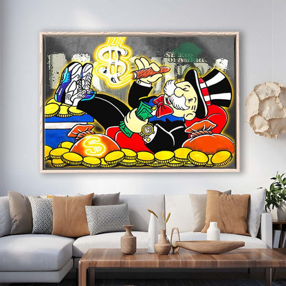 Mr. Monopoly Luxury Life Art Print, Framed Canvas Print Wall Art Decor, Floating Frame, Neon Effect Art